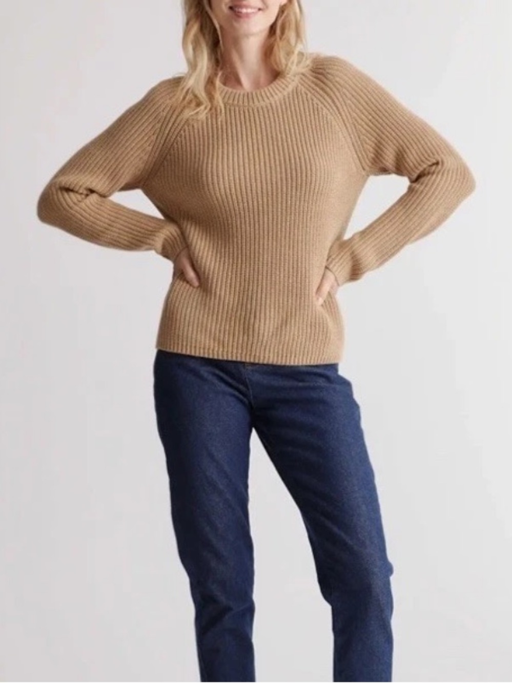 Quince Fisherman Crew Sweater Camel 100% Organic Cotton Ribbed Knit Crewneck L